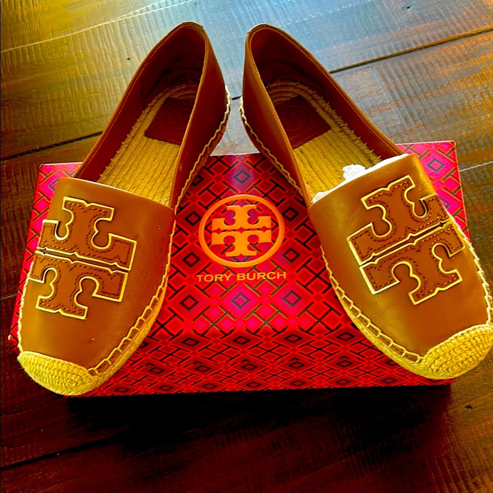 Tory Burch Tan Ines Nappa Leather/Metallic Espadrille Flats